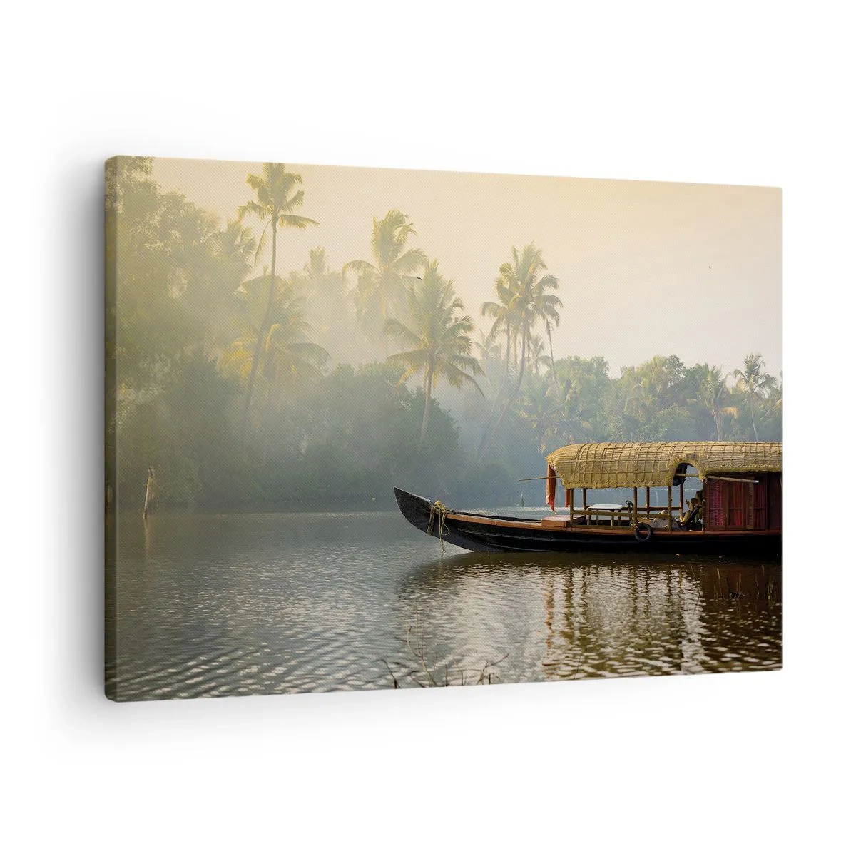 Vászonkép - Egy hagyományos hajó egy nyugodt folyón pálmafák között - 70x50cm - Ház a folyón - Modern fali dekoráció nappalihoz és hálószobához ARTTOR