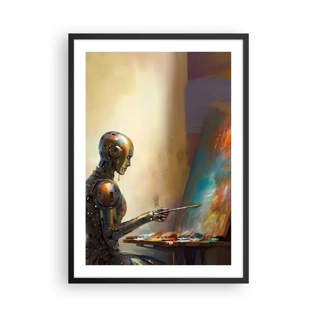 Poszter fehér keretben - Robotfestő egy futurisztikus stílusú festőállványnál - 50x70cm - A jövő művészete - Modern fali dekoráció nappalihoz és hálószobához ARTTOR