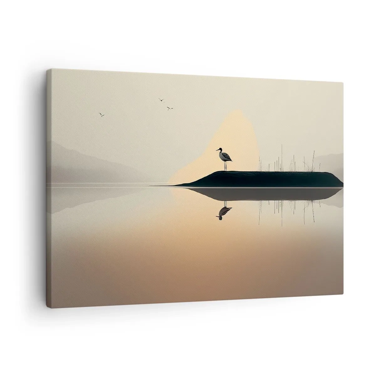 Vászonkép - Egy madár egy szigeten egy nyugodt tóban, meleg árnyalatokkal - 70x50cm - Ember a tavon - Modern fali dekoráció nappalihoz és hálószobához ARTTOR