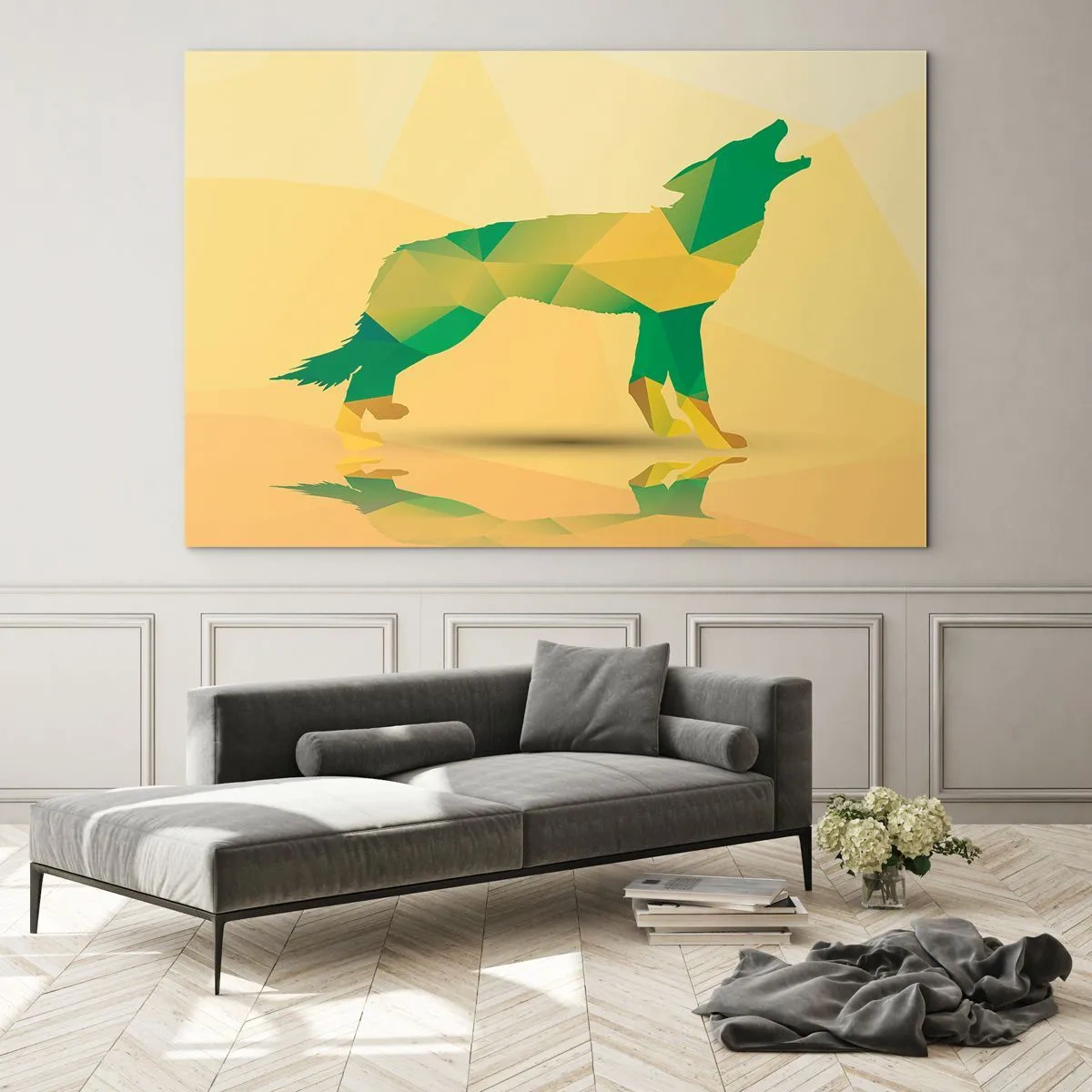 Üveg kép - Geometrikus farkas színes absztrakcióban - 70x50cm - Magányos farkas - Modern fali dekoráció nappalihoz és hálószobához ARTTOR