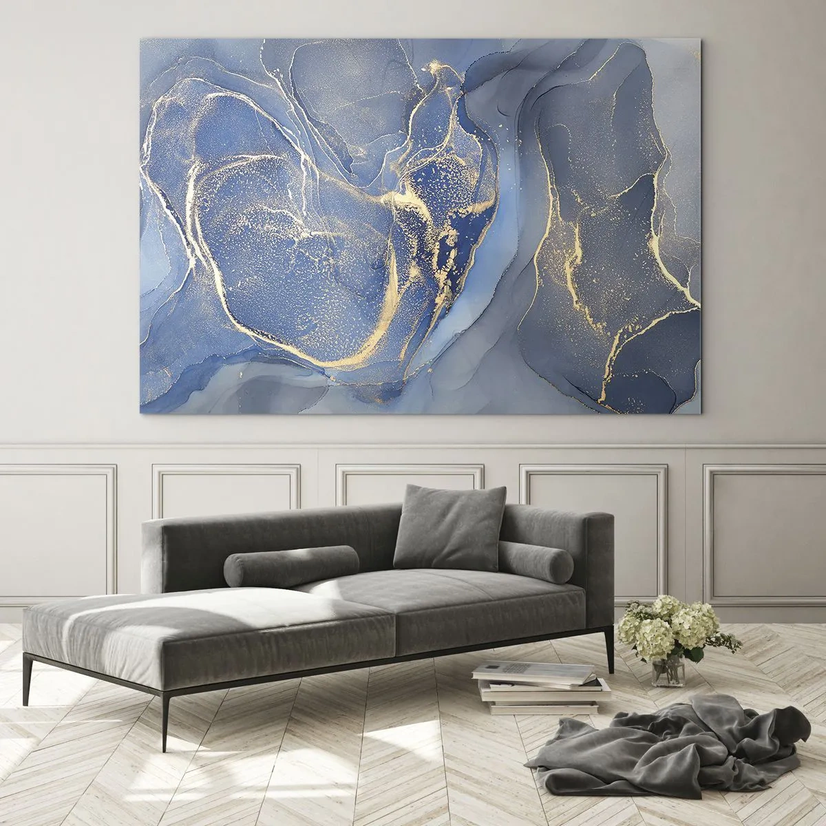 Üveg kép - Egy absztrakt kompozíció sötétkék és arany árnyalatokban - 70x50cm - Arany por - Modern fali dekoráció nappalihoz és hálószobához ARTTOR