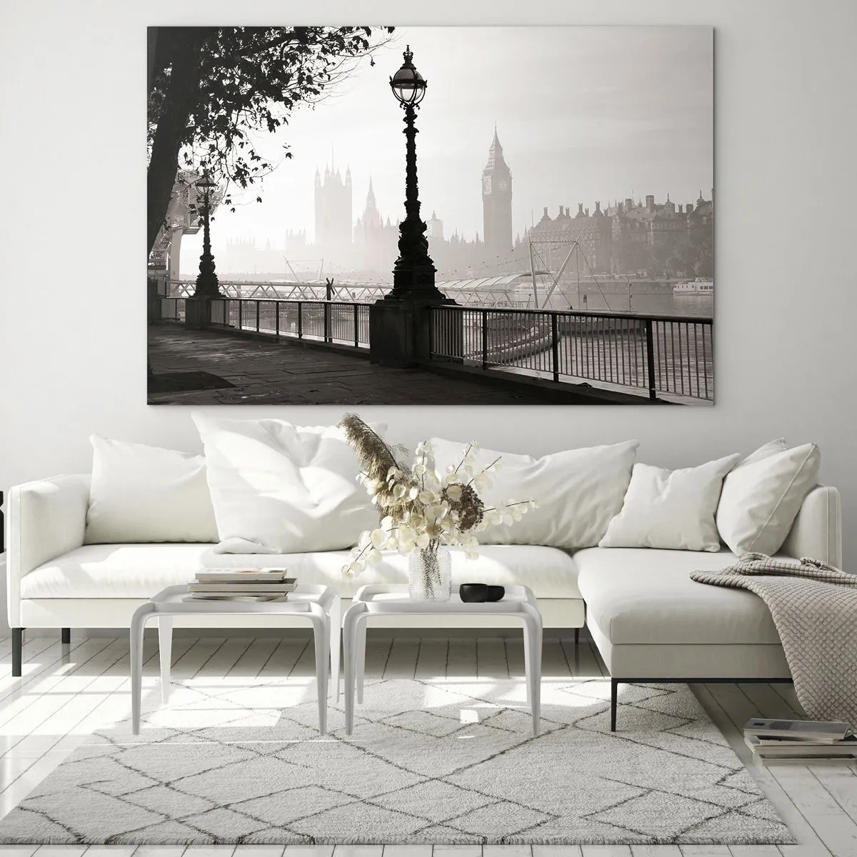 Üveg kép - Fekete-fehér fénykép London sétányáról a Big Bennel - 70x50cm - Londoni reggel - Modern fali dekoráció nappalihoz és hálószobához ARTTOR