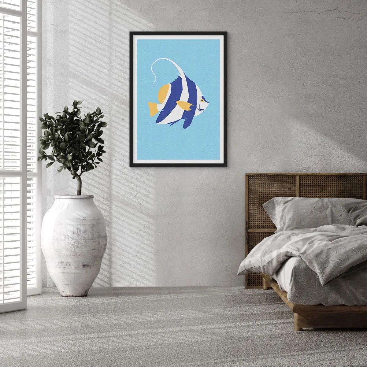 Poszter fehér keretben - Egy egzotikus hal minimalista grafikája kék háttér előtt. - 50x70cm - Miss trópusi víz - Modern fali dekoráció nappalihoz és hálószobához ARTTOR