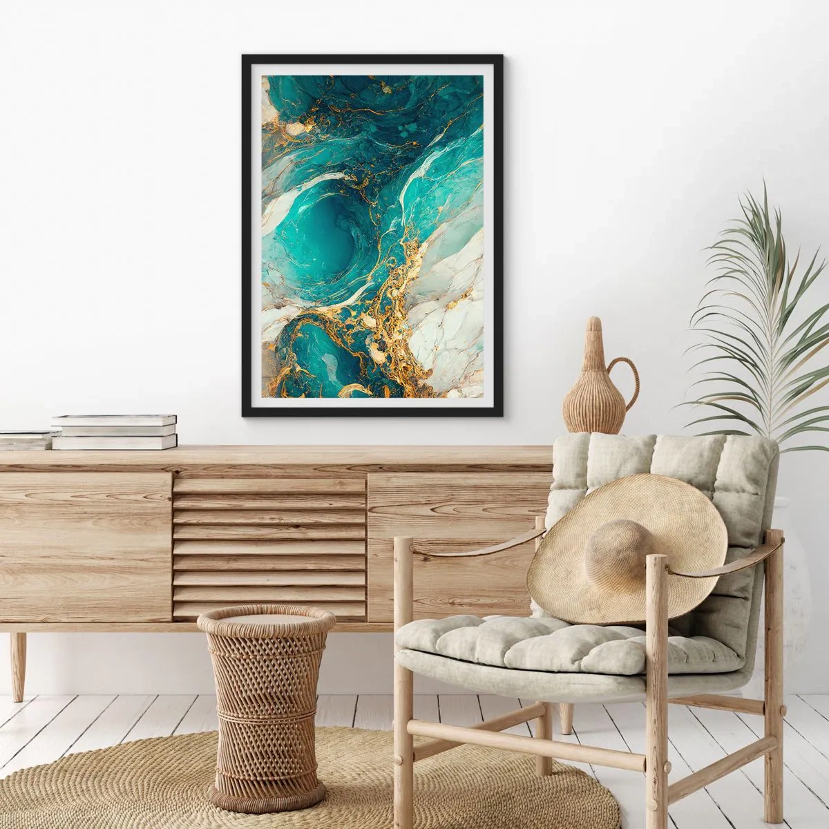 Poszter fehér keretben - Türkiz absztrakció arany díszítéssel - 50x70cm - Kompozíció aranyvénákkal - Modern fali dekoráció nappalihoz és hálószobához ARTTOR