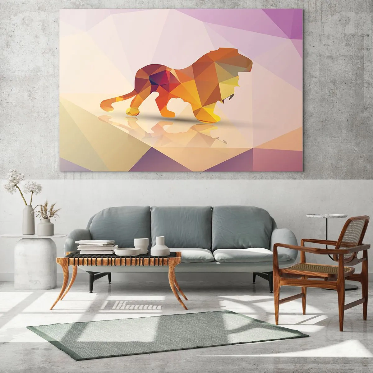 Üveg kép - Geometrikus oroszlán színes absztrakcióban - 70x50cm - A gyémánt király - Modern fali dekoráció nappalihoz és hálószobához ARTTOR