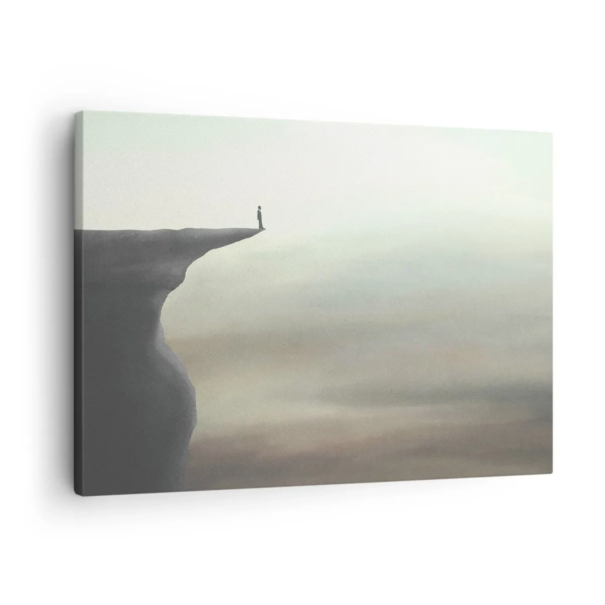 Vászonkép - Egy alak sziluettje egy szikla szélén ködös tájban - 70x50cm - Természetesen felfelé! - Modern fali dekoráció nappalihoz és hálószobához ARTTOR