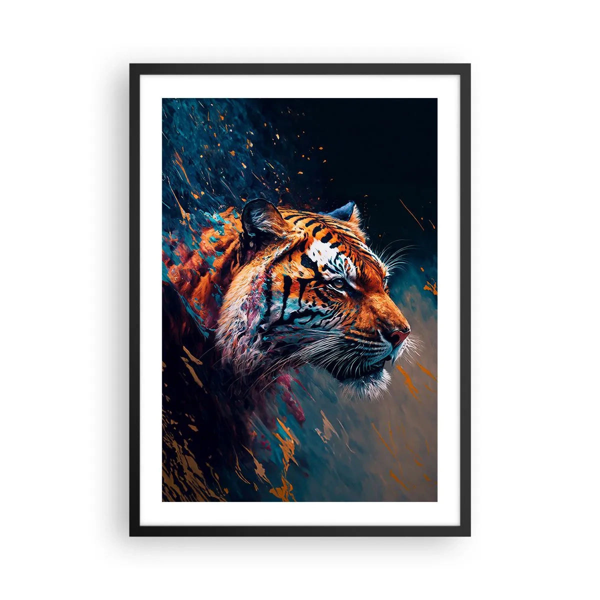 Poszter fehér keretben - Egy tigris dinamikus portréja művészi stílusban - 50x70cm - Vad szépség - Modern fali dekoráció nappalihoz és hálószobához ARTTOR