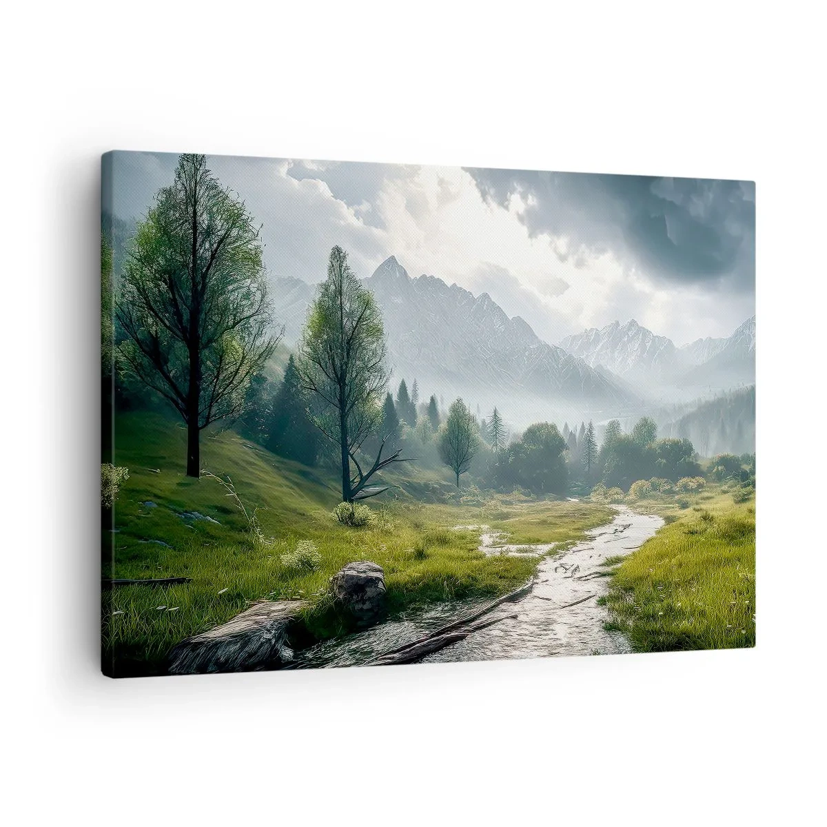 Vászonkép - Hegyi táj folyóval és fákkal, ködös hegyek között - 70x50cm - Oda és vissza - Modern fali dekoráció nappalihoz és hálószobához ARTTOR
