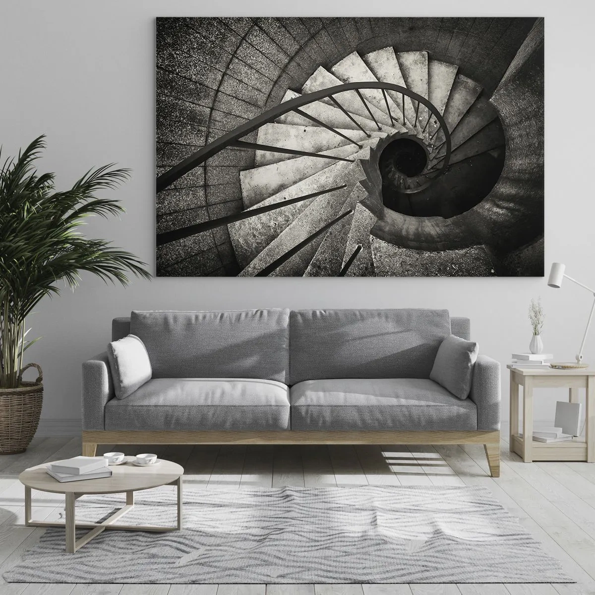 Üveg kép - Fekete-fehér csigalépcső madártávlatból - 70x50cm - Lépcsőn fel, lépcsőn le - Modern fali dekoráció nappalihoz és hálószobához ARTTOR