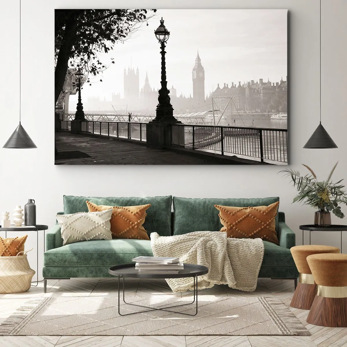 Vászonkép - A Big Ben és a Temze monokróm képe. - 70x50cm - Londoni reggel - Modern fali dekoráció nappalihoz és hálószobához ARTTOR