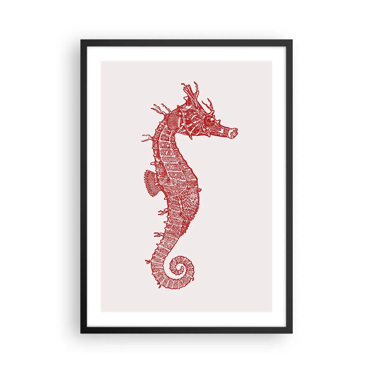 Poszter fehér keretben - Piros steampunk csikóhal világos háttér előtt - 50x70cm - Egy bájos kreáció - Modern fali dekoráció nappalihoz és hálószobához ARTTOR