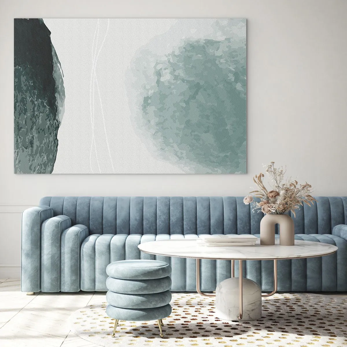 Üveg kép - Zöld absztrakt formák világos háttéren, ködre emlékeztetve - 70x50cm - Találkozás a köddel - Modern fali dekoráció nappalihoz és hálószobához ARTTOR