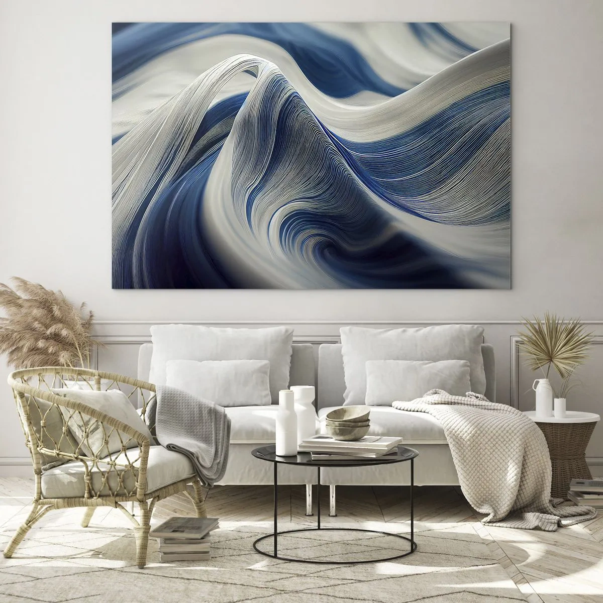 Üveg kép - Dinamikus absztrakció kék és fehér árnyalatokban - 70x50cm - Kék és fehér folyékonysága - Modern fali dekoráció nappalihoz és hálószobához ARTTOR