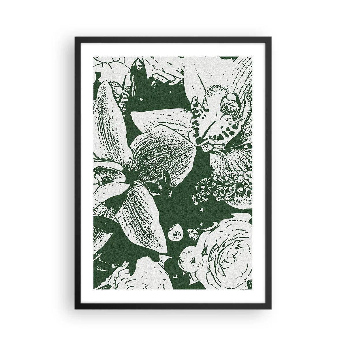 Poszter fehér keretben - Virágok és levelek botanikai illusztrációja kontrasztos színekben - 50x70cm - Csokor - a zöld világa - Modern fali dekoráció nappalihoz és hálószobához ARTTOR