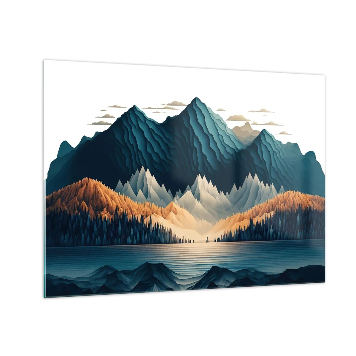 Üveg kép - Stilizált hegyi táj erdővel és tóval - 70x50cm - Tökéletes hegyi táj - Modern fali dekoráció nappalihoz és hálószobához ARTTOR