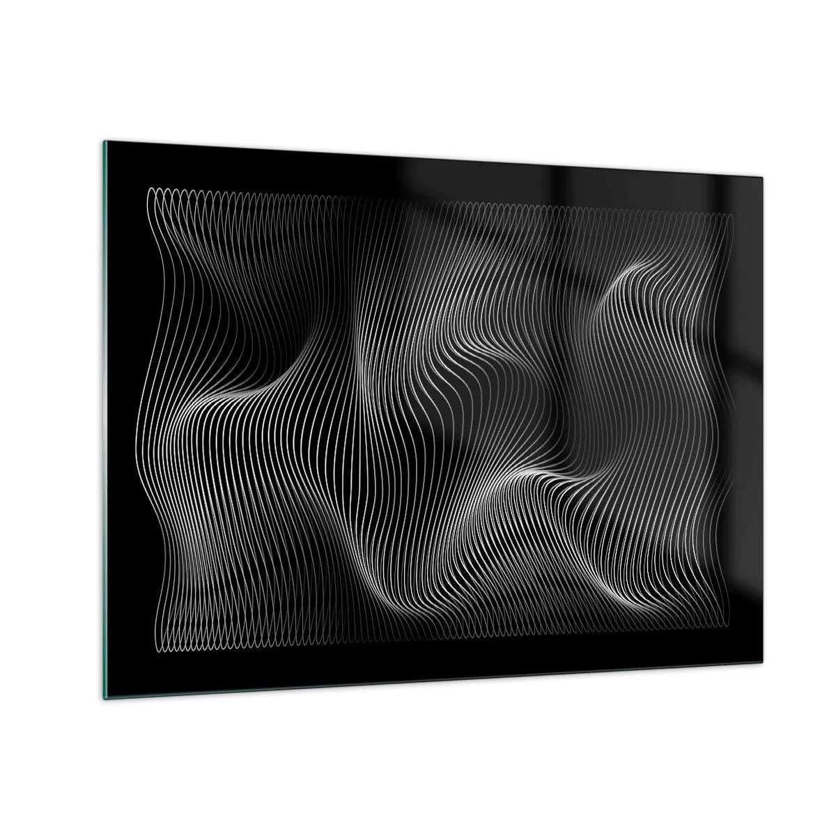Üveg kép - Hipnotizáló fehér vonalak hullámzanak a fekete háttér előtt - 70x50cm - A fény tánca a térben - Modern fali dekoráció nappalihoz és hálószobához ARTTOR