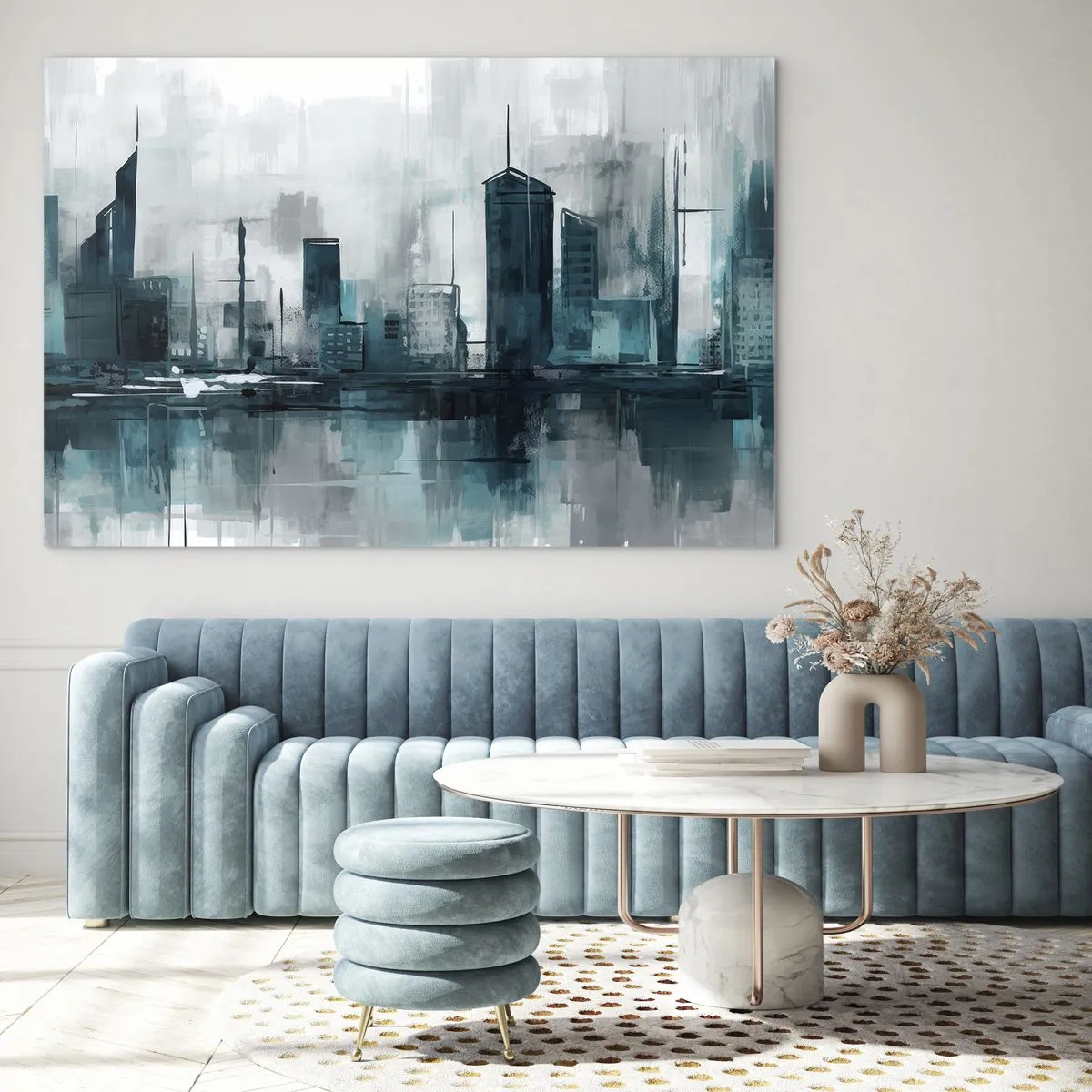 Üveg kép - Egy modern város kék és szürke árnyalatokban - 70x50cm - Esőszínű város - Modern fali dekoráció nappalihoz és hálószobához ARTTOR