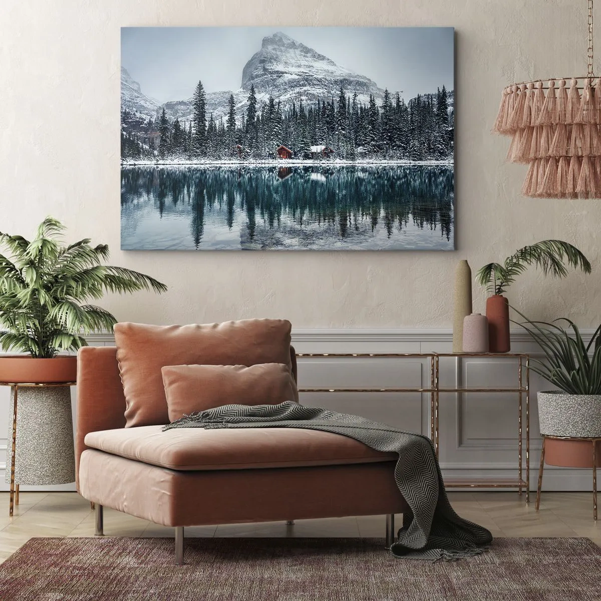 Vászonkép - Téli táj faházakkal az erdőben egy befagyott tó mellett - 70x50cm - Kanadai elvonulás - Modern fali dekoráció nappalihoz és hálószobához ARTTOR