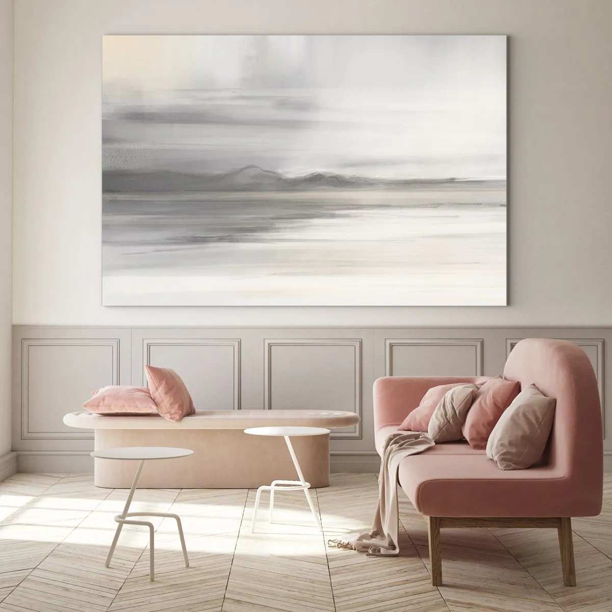 Üveg kép - Finom, elmosódott hegyi panoráma pasztellszürke árnyalatokban - 70x50cm - Gondolkodó távolság - Modern fali dekoráció nappalihoz és hálószobához ARTTOR