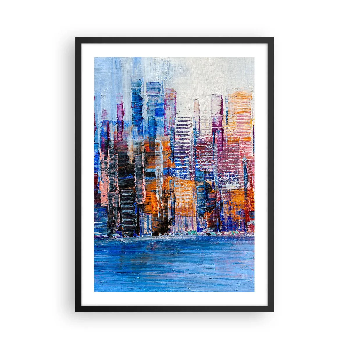 Poszter fehér keretben - Absztrakt városi panoráma intenzív színekben - 50x70cm - Egy vidám metropolisz - Modern fali dekoráció nappalihoz és hálószobához ARTTOR