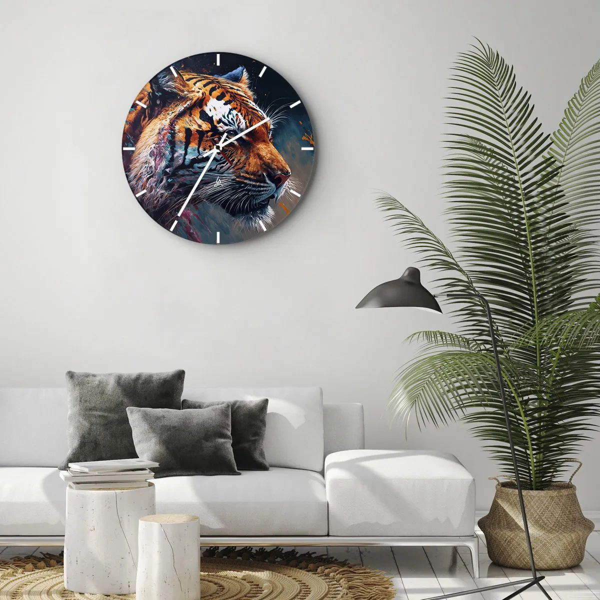 Falióra, Óra - Tigris portréja intenzív színekben, festői díszítésekkel - 30x30cm - Vad szépség - Modern fali dekoráció nappalihoz, konyhához és hálószobához ARTTOR