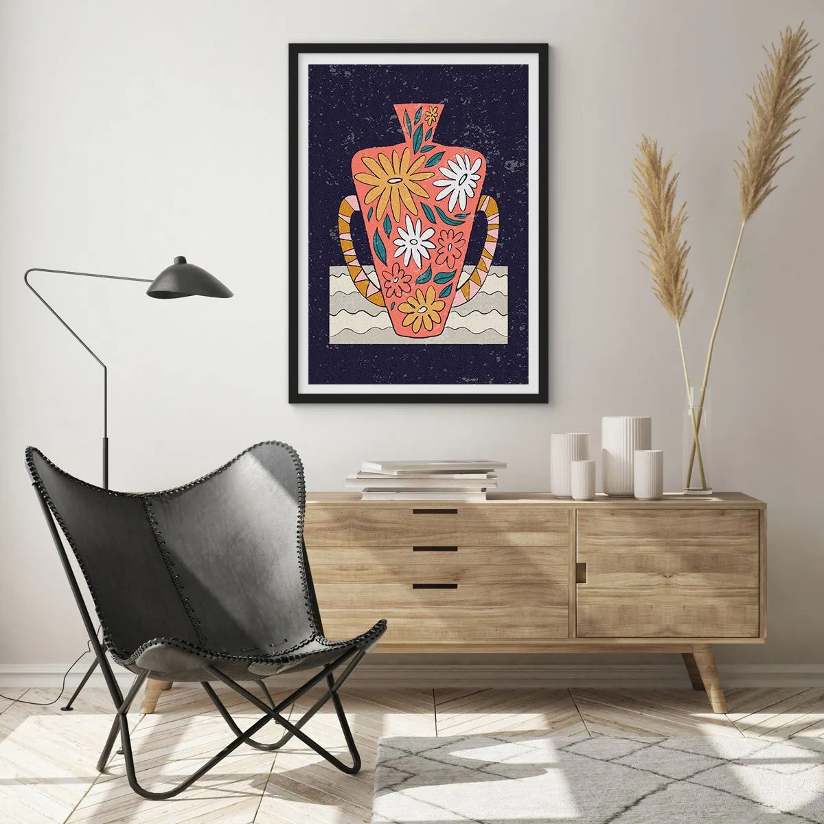 Poszter fehér keretben - Egy színes váza virágmintával sötét háttér előtt - 50x70cm - Festett korsó - Modern fali dekoráció nappalihoz és hálószobához ARTTOR