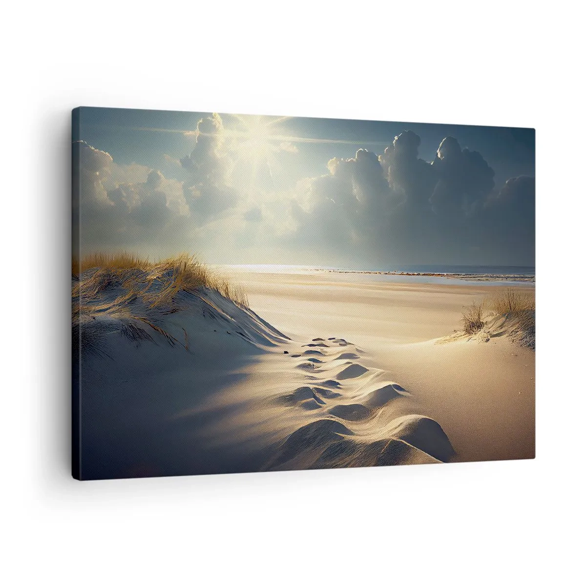 Vászonkép - Arany dűnék a tengerparton naplementekor, kilátással a tengerre - 70x50cm - Megnyugtató táj - Modern fali dekoráció nappalihoz és hálószobához ARTTOR