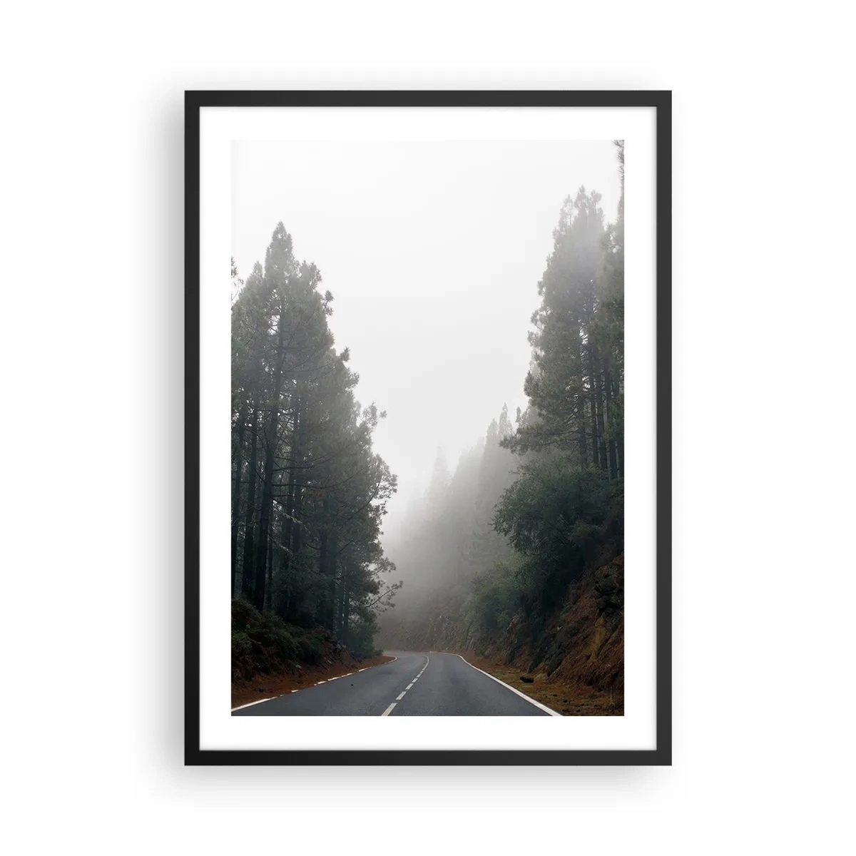 Poszter fehér keretben - Kanyargós út a ködbe burkolózó fák között - 50x70cm - Egy varázslatos erdő meséje - Modern fali dekoráció nappalihoz és hálószobához ARTTOR