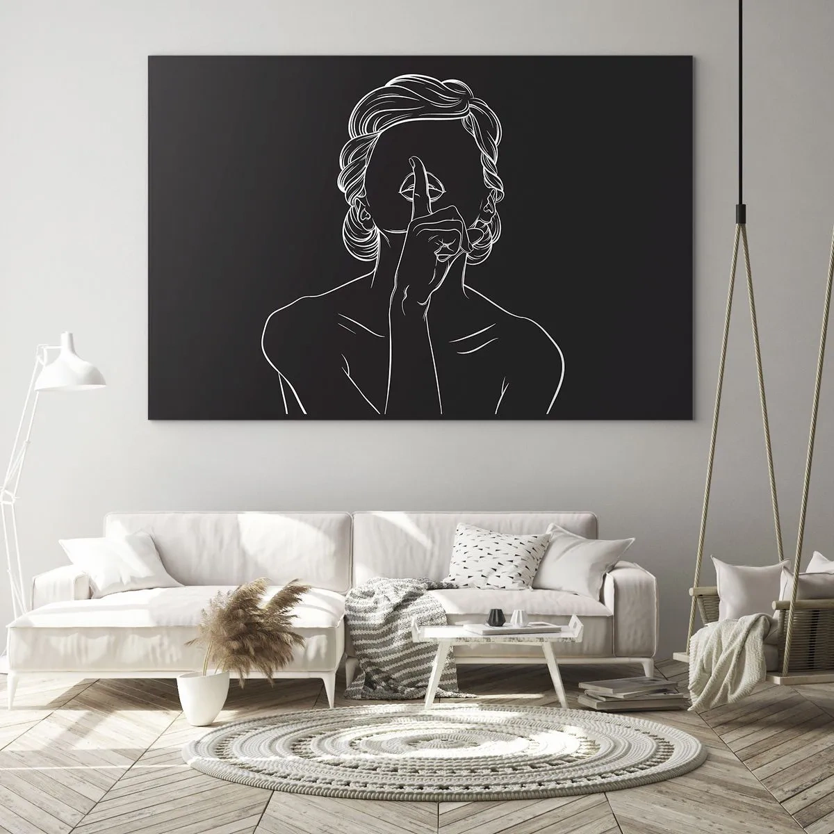 Üveg kép - Egy minimalista sziluett egy nőről, aki hallgatást fejez ki. - 70x50cm - A szépség csendben virágzik - Modern fali dekoráció nappalihoz és hálószobához ARTTOR