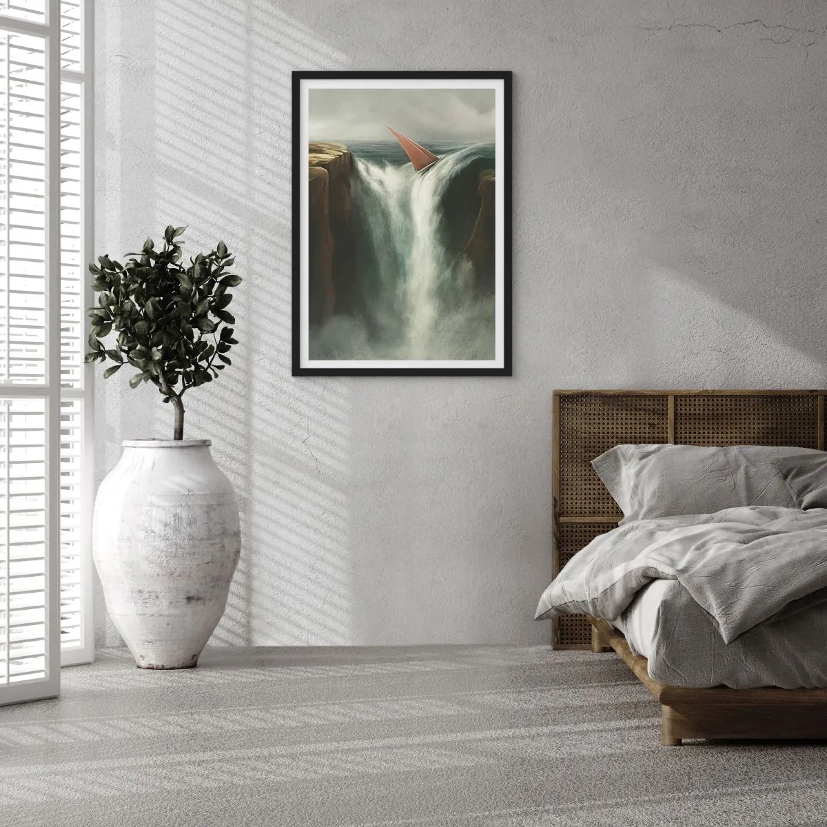 Poszter fehér keretben - Egy vitorlás hajó átzuhan egy vízesésen egy szürreális tájban. - 50x70cm - Az élet óvatossága - Modern fali dekoráció nappalihoz és hálószobához ARTTOR