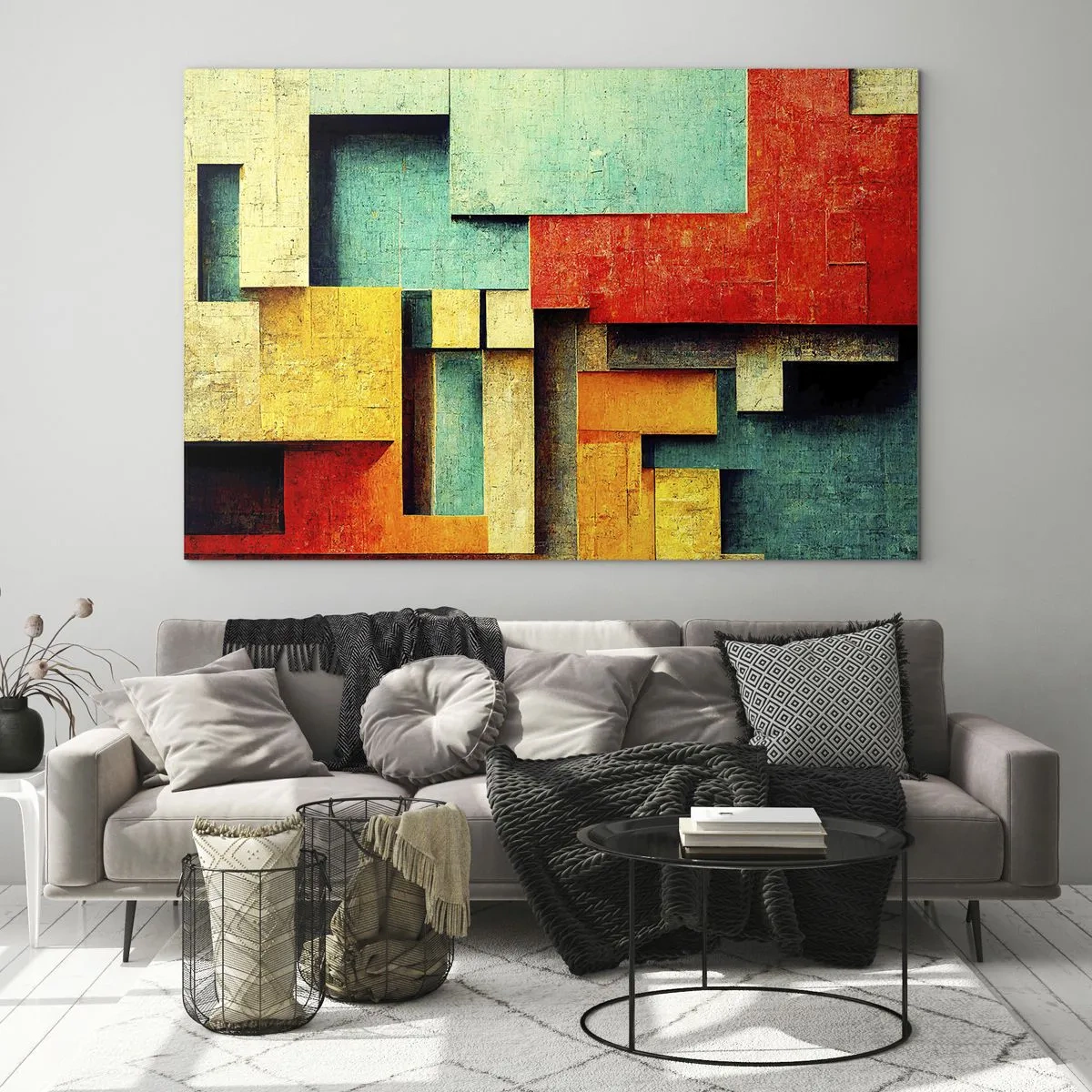 Üveg kép - Színes geometriai absztrakció téglalapokból - 70x50cm - A derékszögek fesztiválja - Modern fali dekoráció nappalihoz és hálószobához ARTTOR