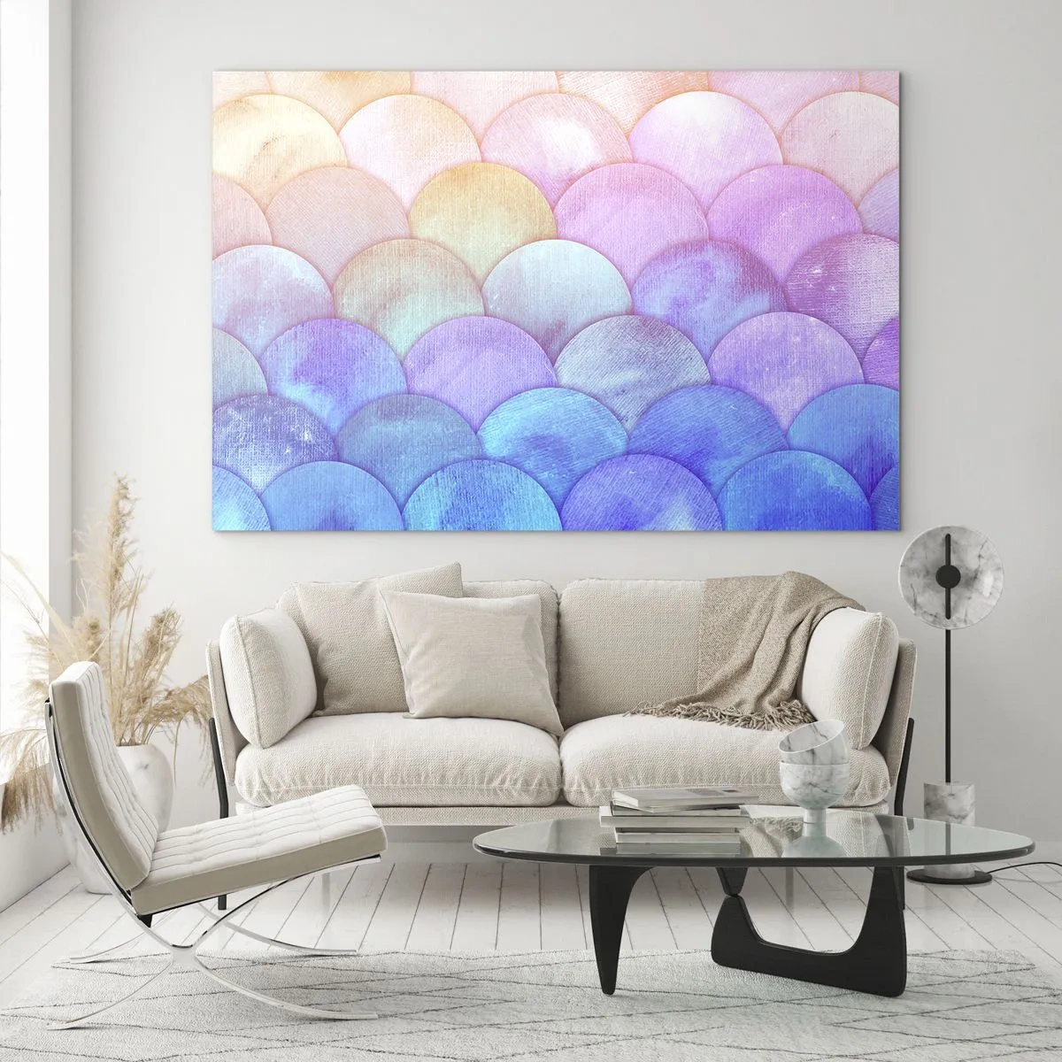 Üveg kép - Pasztell rózsaszín, kék és lila árnyalatú gyöngypikkelyek - 70x50cm - Gyöngyház kagyló - Modern fali dekoráció nappalihoz és hálószobához ARTTOR